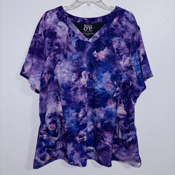 Barco One Scrub Top Womens 4XL Purple Blue Print V-Neck Nursing Uniform 4 Pocket - Picture 1 of 10